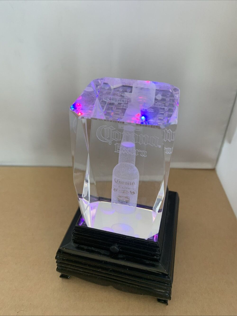 CORONA EXTRA 3D Laser Etched Crystal Glass Tower w/Lighted Stand Changes Color